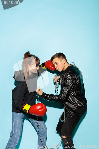 Image of Close up fashion portrait of two young pretty hipster teens