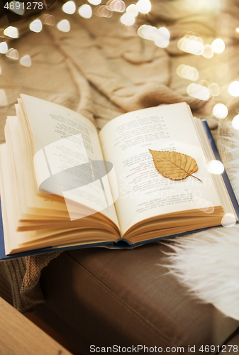 Image of book with autumn leaf on page on sofa at home