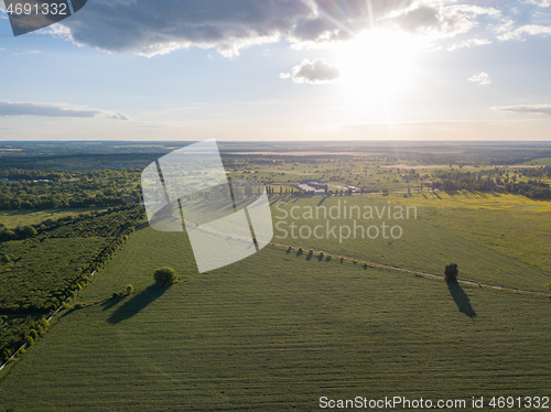 Image of Aerial panoramic drone view of the countryside area on a sunny day.