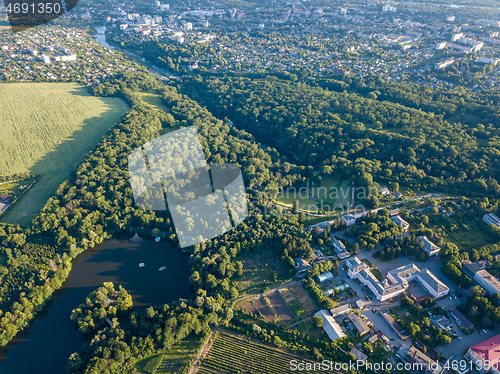 Image of Aerial bird\'s eye from drone National Dendrological Park Sofiyivka in Uman city, Ukraine