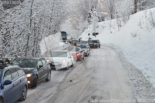 Image of Road car congestion after snowfall in the Alps