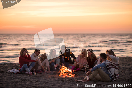 Image of Group Of Young Friends Sitting By The Fire at beach