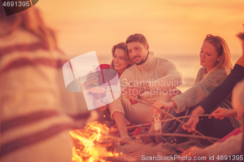 Image of Group Of Young Friends Sitting By The Fire at beach