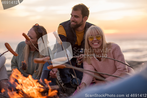 Image of Group Of Young Friends Sitting By The Fire at beach