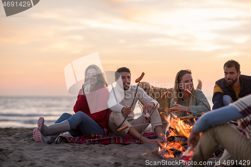 Image of Group Of Young Friends Sitting By The Fire at beach