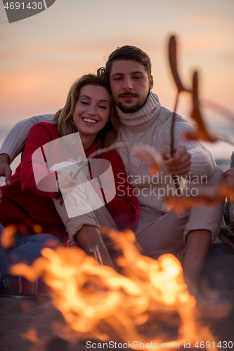 Image of Group Of Young Friends Sitting By The Fire at beach