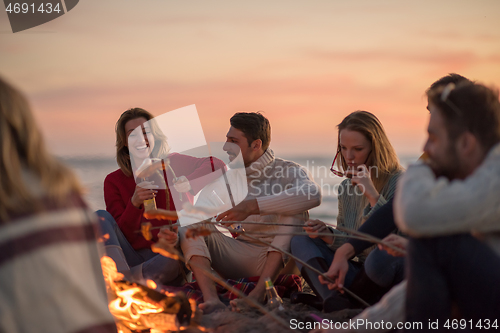 Image of Group Of Young Friends Sitting By The Fire at beach