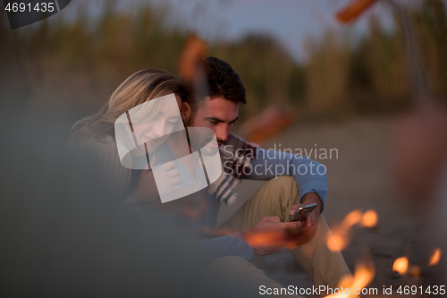 Image of Group Of Young Friends Sitting By The Fire at beach