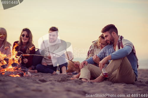 Image of Group Of Young Friends Sitting By The Fire at beach