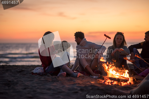 Image of Group Of Young Friends Sitting By The Fire at beach