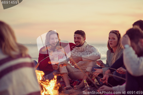 Image of Group Of Young Friends Sitting By The Fire at beach