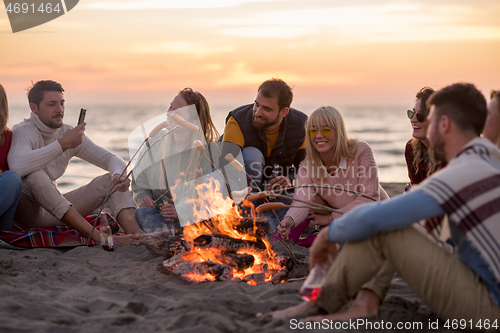 Image of Group Of Young Friends Sitting By The Fire at beach