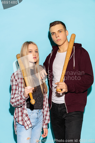 Image of Close up fashion portrait of two young pretty hipster teens