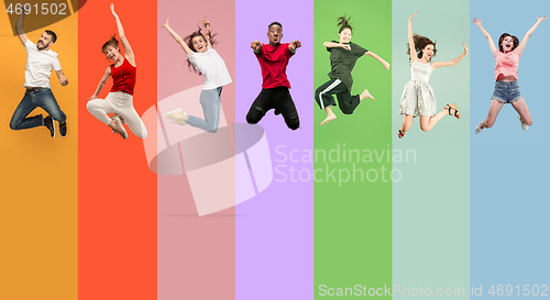 Image of Freedom in moving. Pretty young women and men jumping against colorful background