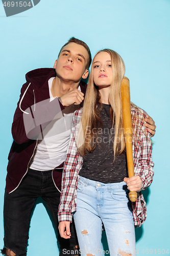 Image of Close up fashion portrait of two young pretty hipster teens