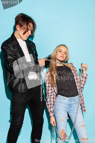 Image of Close up fashion portrait of two young pretty hipster teens