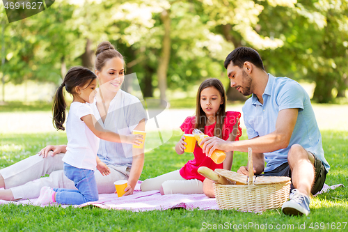 Image of family drinking juice on picnic at summer park