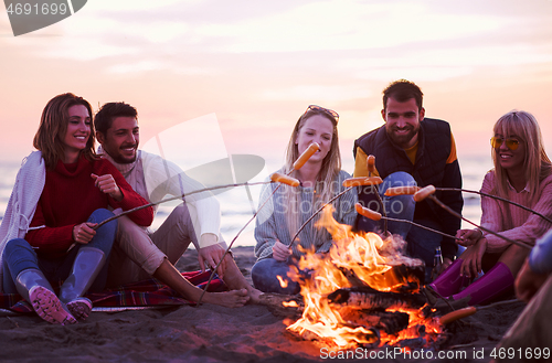 Image of Group Of Young Friends Sitting By The Fire at beach