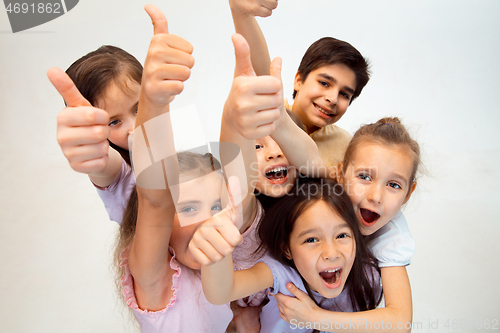 Image of The portrait of cute little boy and girls in stylish clothes looking at camera at studio