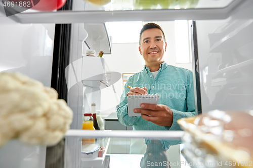 Image of man making list of necessary food at home fridge