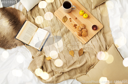 Image of cookies, lemon tea, book and leaves in bed