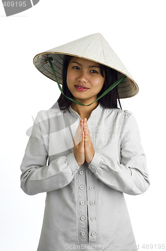 Image of asian girl with welcome expression