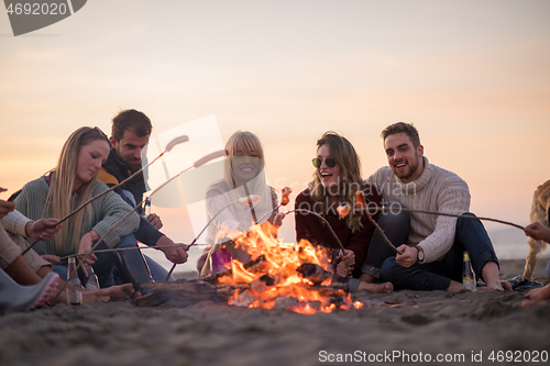 Image of Group Of Young Friends Sitting By The Fire at beach