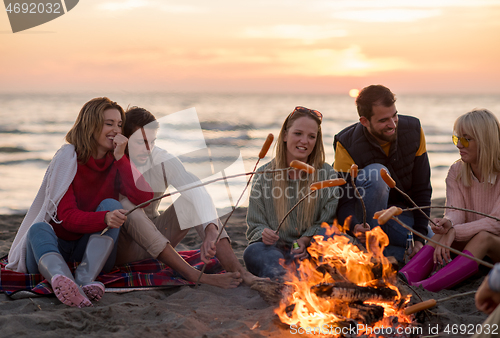 Image of Group Of Young Friends Sitting By The Fire at beach