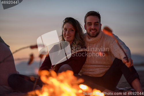 Image of Group Of Young Friends Sitting By The Fire at beach