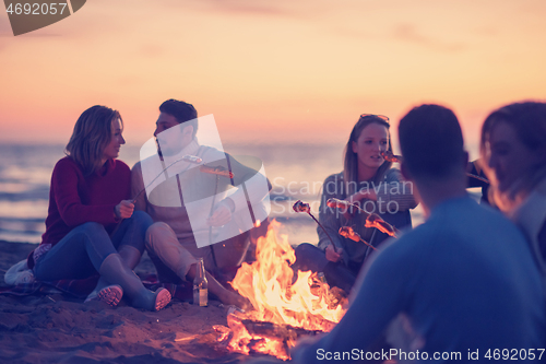 Image of Group Of Young Friends Sitting By The Fire at beach