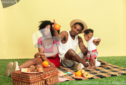 Image of Happy family having picnic at studio