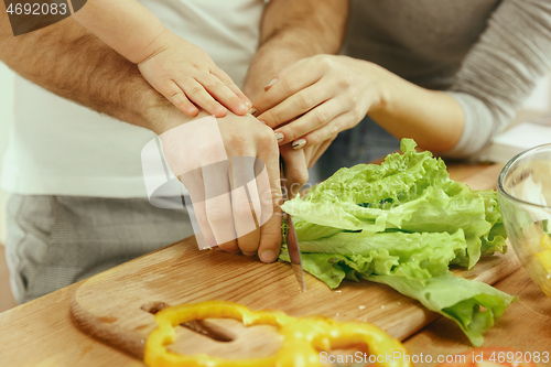 Image of Cute little girl and her beautiful parents are cutting vegetables in kitchen at home
