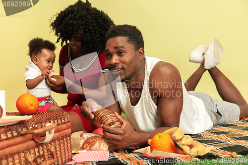 Image of Happy family having picnic at studio