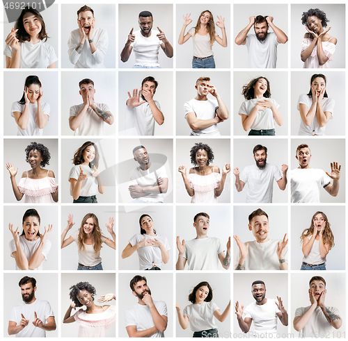 Image of The collage of faces of surprised people on white backgrounds.