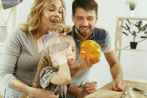 Image of Cute little girl and her beautiful parents are cutting vegetables in kitchen at home