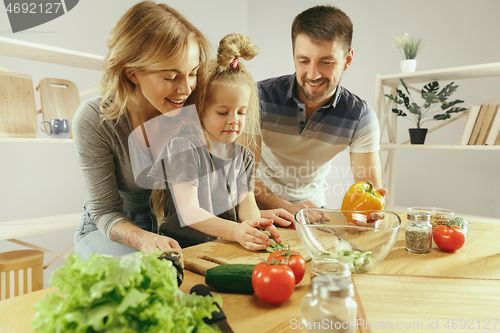 Image of Cute little girl and her beautiful parents are cutting vegetables in kitchen at home