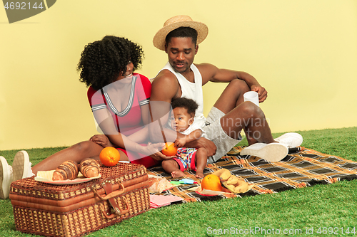 Image of Happy family having picnic at studio