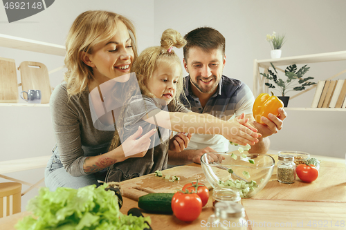 Image of Cute little girl and her beautiful parents are cutting vegetables in kitchen at home
