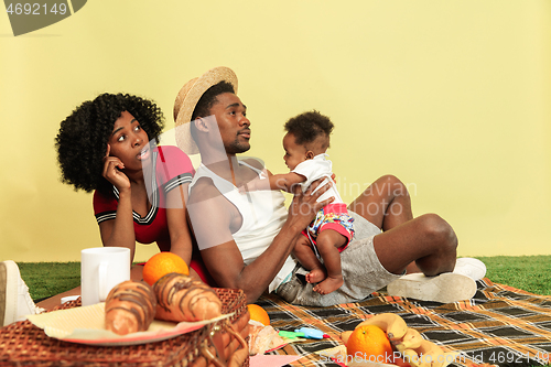 Image of Happy family having picnic at studio