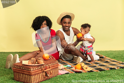 Image of Happy family having picnic at studio