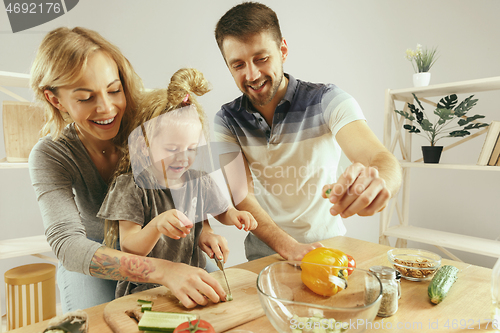 Image of Cute little girl and her beautiful parents are cutting vegetables in kitchen at home