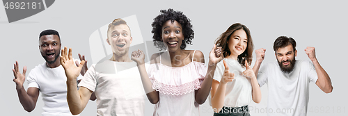 Image of The collage of faces of surprised people on white backgrounds.