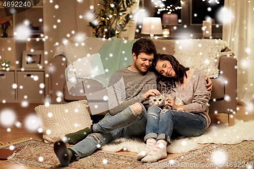 Image of happy couple with cat at home