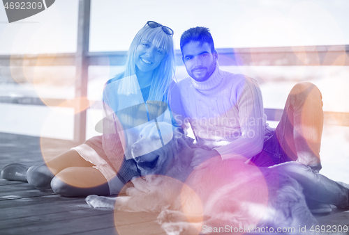 Image of Couple with dog enjoying time on beach