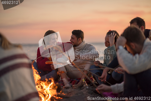 Image of Group Of Young Friends Sitting By The Fire at beach