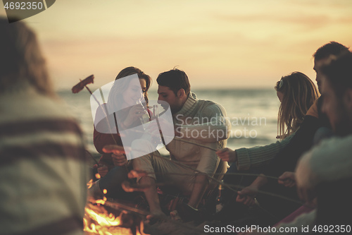 Image of Group Of Young Friends Sitting By The Fire at beach