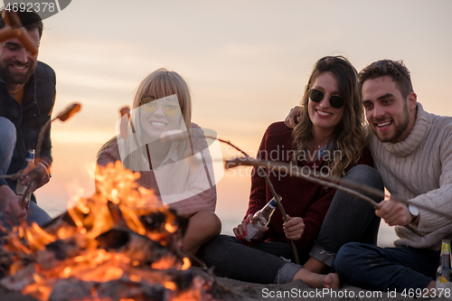 Image of Group Of Young Friends Sitting By The Fire at beach