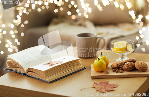 Image of book, lemon, tea and cookies on table at home