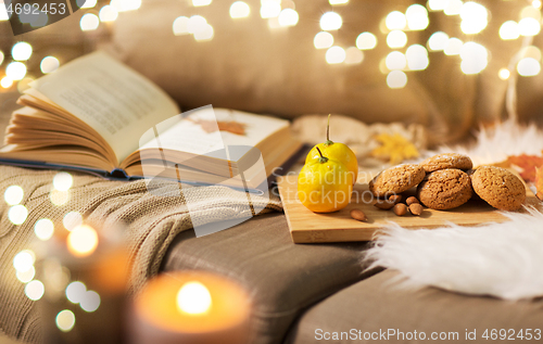 Image of lemons, book, almond and oatmeal cookies on sofa