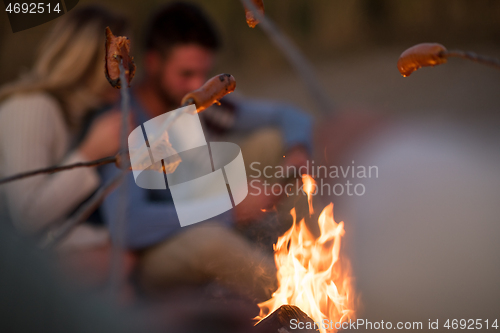 Image of Group Of Young Friends Sitting By The Fire at beach